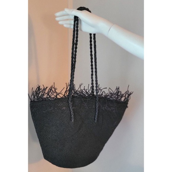 Woven Black Handbag Purse 100% Paper Black Frayed Beach Bag Snap Closed Zip... - Picture 7 of 15